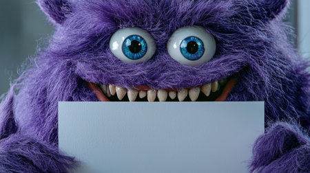 A vibrant purple creature with big blue eyes and sharp teeth is joyfully holding a blank card. Its playful demeanor suggests a fun activity or a comedic moment.の素材