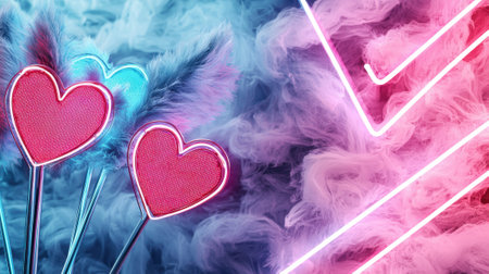 Heart-shaped decorations with fuzzy accents stand out against a backdrop of colorful fog and neon lights, creating an inviting and festive environment for gatherings.の素材