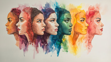 This artwork features a series of female profiles illustrated in bright and varied colors, symbolizing individuality and diversity.の素材