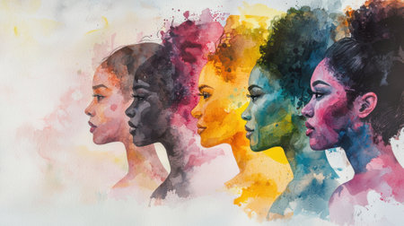 This artwork features a series of female profiles, each illustrated in unique colors and styles, celebrating diversity and individuality through creative expression.の素材