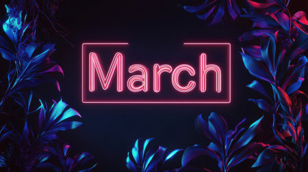 A vivid neon representation of March stands out against a dark background surrounded by lush, colorful foliage. The atmosphere is lively and energetic, perfect for welcoming spring.の素材