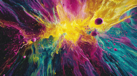 Abstract artwork displays a dynamic burst of bright colors, featuring shades of yellow, pink, and teal, resembling a cosmic explosion against a dark backdrop.の素材