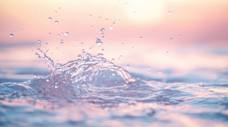 Droplets of water create a beautiful splash in a calm body of water as the sun sets on the horizon, illuminating the sky with soft pastel hues and reflecting on the surface.の素材