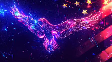 A neon eagle soars gracefully through a dark sky filled with stars and shimmering lights. The artwork features brilliant colors and dynamic patterns, creating an energetic atmosphere.の素材