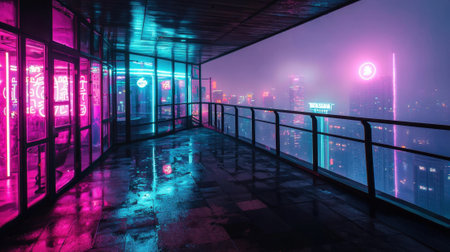 A balcony overlooking a bustling city drenched in rain showcases vibrant neon lights illuminating the misty skyline. This colorful nightlife scene reflects an energetic urban atmosphere.の素材