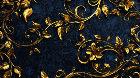 The decorative design features a detailed arrangement of golden leaves and flowers against a deep blue textured backdrop, highlighting elegance and artistry.の素材