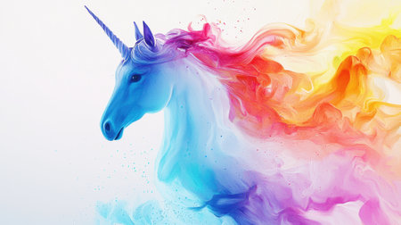 A majestic unicorn is depicted in motion, surrounded by a dynamic blend of vivid colors. The art conveys a sense of magic and fantasy in an enchanting atmosphere.の素材