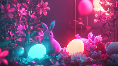 A bunny sits among glowing eggs and colorful flowers in a whimsical garden. The scene is illuminated with soft neon lights, creating a magical atmosphere typical of spring festivities.の素材