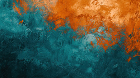 This artwork features a dynamic blend of teal and orange colors, showing expressive brush strokes that create depth and movement. The contrast evokes energy and creativity.の素材