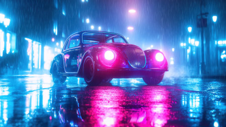 A vintage car stands out with vibrant pink and blue lights, reflecting on wet pavement while rain falls, creating a moody urban atmosphere at night.の素材
