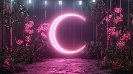 A luminous neon crescent moon radiates a soft pink glow amidst tropical foliage and vivid flowers, creating a mystical and enchanting atmosphere at night.の素材