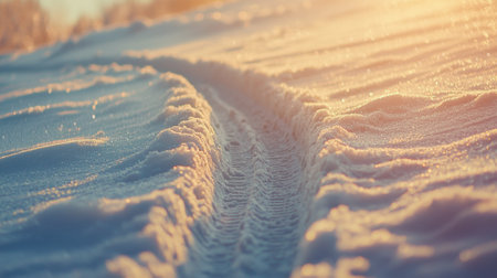 Soft, powdery snow blankets the ground, with distinct tire tracks cutting through it under a warm, golden afternoon light. It evokes a sense of winter tranquility.の素材