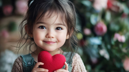 A young child with long hair smiles while holding a red heart-shaped cushion close to her chest. She is surrounded by a beautiful floral arrangement, evoking warmth and joy.の素材