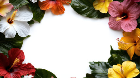A beautiful assortment of hibiscus flowers in shades of red, white, yellow, and pink, surrounds a central blank area, perfect for invitations or announcements.の素材