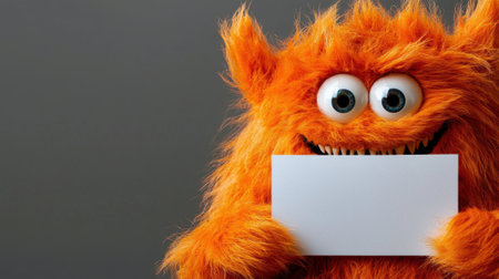 An orange furry monster with wide eyes and sharp teeth joyfully holds a blank sign. The character's bright color contrasts with the dark backdrop, creating a fun atmosphere.の素材