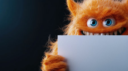 A cheerful orange creature with big blue eyes and furry texture is happily holding a blank sign. The photo emphasizes the creature's playful smile against a dark background.の素材