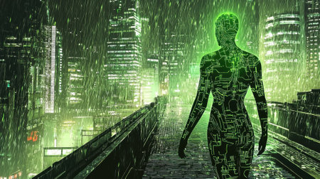 A humanoid form with a circuit-like design strolls through a neon-lit urban landscape. Rain pours down, illuminating the modern buildings around, creating a striking atmosphere.の素材