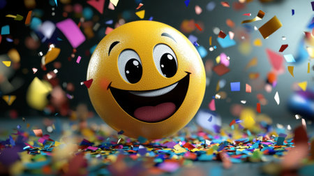 A cheerful yellow emoji with a big smile is center stage amidst a vibrant burst of confetti. The festive atmosphere suggests celebration and joy, inviting happiness.の素材