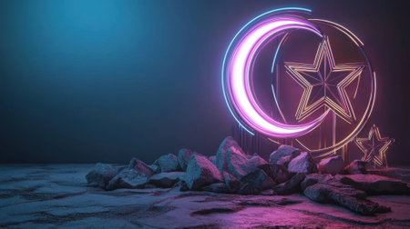 A vibrant neon crescent moon and star glow softly in a dimly lit space. The colorful lights contrast with the rough rocks scattered on the floor, creating a surreal atmosphere.の素材