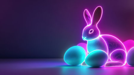 A glowing neon rabbit surrounded by pastel-colored eggs brings a lively charm to an Easter-themed setting. The design captivates with its bright colors and playful essence.の素材