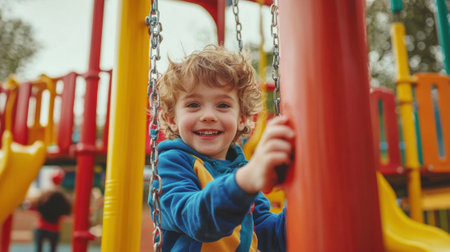 A young boy with curly hair smiles brightly while swinging at a colorful playground. Surrounding him are other children playing and enjoying the sunny afternoon.の素材