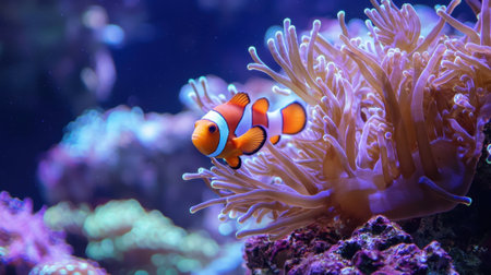 A small orange and white fish is swimming in a sea of green and purple coral. The fish is surrounded by a variety of different colored coral, creating a vibrant and lively sceneの素材