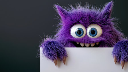 A playful purple monster with large round eyes and a big smile is curiously peeking over a blank white sign. The furry character's vibrant color contrasts with the dark backdrop.の素材