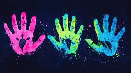 Three handprints in bright colors of pink, green, and blue adorn a dark background, showing artistic expression and creativity through vivid splashes of paint.の素材