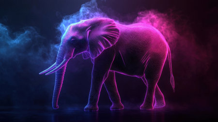 A mesmerizing scene features a neon elephant surrounded by colorful smoke. The artistic arrangement creates an enchanting atmosphere, showing creativity and imagination.の素材