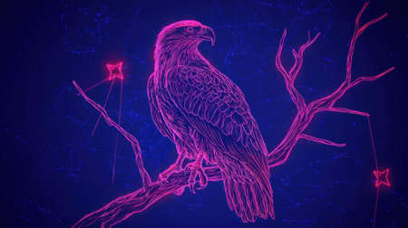 A vibrant eagle stands majestically on a twisted branch. The artwork features bright neon colors and a starry background, creating a captivating effect reminiscent of night skies.の素材