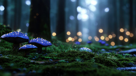 Blue mushrooms adorned with tiny lights create a magical atmosphere in a dense forest during the twilight hours. The surroundings are lush with greenery and soft moss.の素材