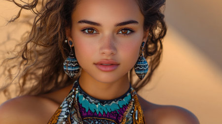 A young woman with beautiful curly hair stands confidently, adorned with vibrant earrings and a striking top, illuminated by warm sunlight in a natural setting.の素材
