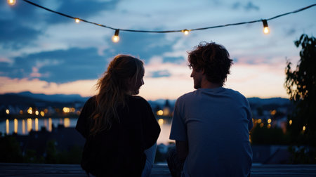 A couple is sitting on a bench overlooking a body of water. The man is wearing a blue shirt and the woman has long hair. Scene is romantic and peacefulの素材