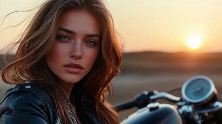 A young woman in a leather jacket leans on a motorcycle, with the sun setting in the background. Her hair flows gently in the wind as she gazes at the camera.の素材