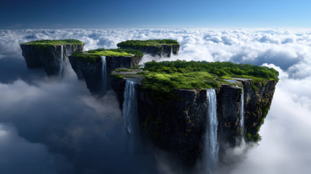 Several lush green islands float above fluffy clouds, each featuring waterfalls cascading into the mist. Birds soar gracefully in the bright blue sky, creating a serene atmosphere.の素材