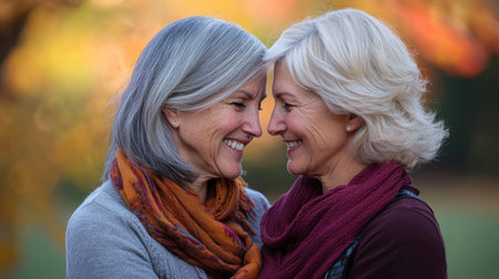Two women are smiling at the camera, one wearing a red scarf and the other wearing an orange scarfの素材
