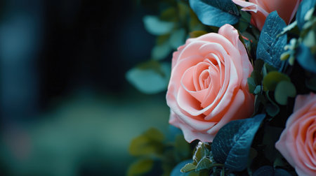 Delicate pink rose blooms with lush green foliage in the background, highlighting the tranquility of a garden. The soft morning light enhances the flower's gentle beauty.の素材