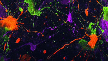 Swirls and splatters of neon paint in orange, green, and purple create an energetic abstract artwork against a deep black background, evoking creativity and vibrancy.の素材