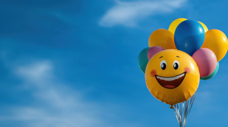 A group of cheerful balloons with smiley faces drifts in the air under a clear blue sky. The vibrant colors create a joyful atmosphere, perfect for a festive gathering.の素材