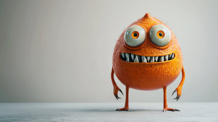 A whimsical orange creature with round features, large expressive eyes, and sharp teeth stands confidently on a smooth surface. The background is simple, enhancing the character's playful appearance.の素材