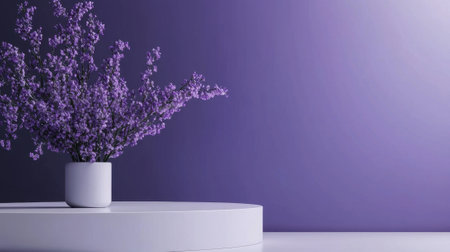 A sleek round table holds a modern white vase filled with vibrant purple flowers. The bold purple wall enhances the elegant floral arrangement, creating a serene atmosphere.の素材