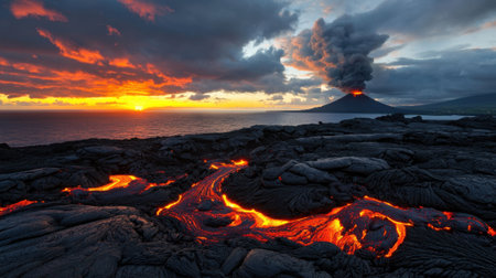 During twilight, a volcano erupts spectacularly, sending smoke into the sky while vibrant lava flows toward the ocean. The sunset casts a warm glow over the scene, enhancing its beauty.の素材