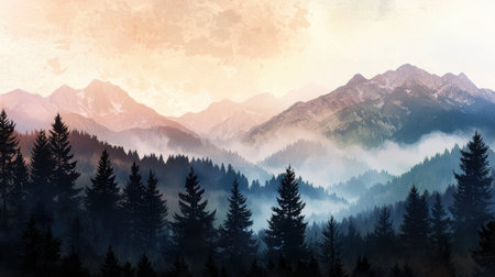 A mountain range with a foggy sky and trees. The mountains are covered in trees and the sky is hazyの素材