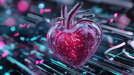 This artwork showcases a vibrant, glass-like heart with metallic elements, situated in a dynamic digital environment filled with glowing patterns, symbolizing a blend of love and innovation.の素材