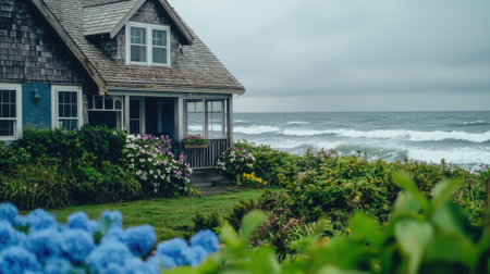 A charming cottage overlooks the restless ocean waves, framed by colorful flowers in the foreground, creating a serene seaside atmosphere on a cloudy afternoon.の素材