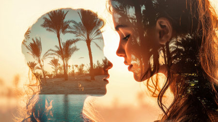 A woman is captured in a warm sunset, her silhouette merging with palm trees in the background. The tranquil moment conveys beauty and serenity in a tropical setting.の素材