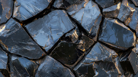 Polished obsidian stones arranged closely together reveal intricate textures and glossy surfaces. The sunlight accentuates their dark shades, highlighting the geological features.の素材