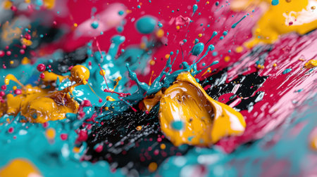 Vibrant splashes of yellow, teal, and pink paint burst from a dark surface, showcasing a dynamic abstract design created during a lively art session.の素材