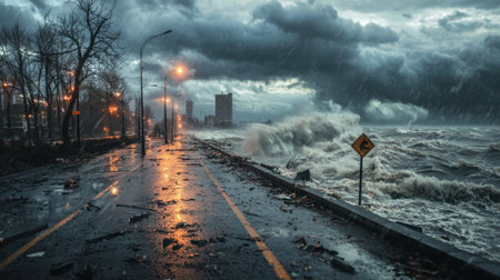 Dark clouds loom overhead as heavy rain falls on a coastal road. Waves crash violently against the shoreline while streetlights flicker amidst the stormy weather.の素材