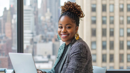 A confident woman with curly hair smiles while working on her laptop. She sits at a desk in a modern office with a panoramic view of the city skyline.の素材
